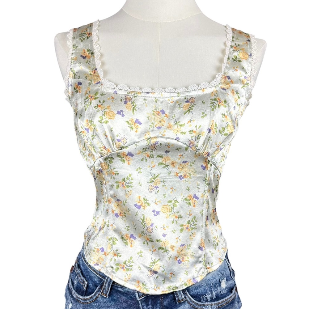 Princess Polly Floral Satin Corset Top White 4 Lace Trim Coquette Cottagecore